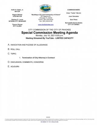 Special City Commission Meeting - Monday, 19th July  2021  at    6:00pm