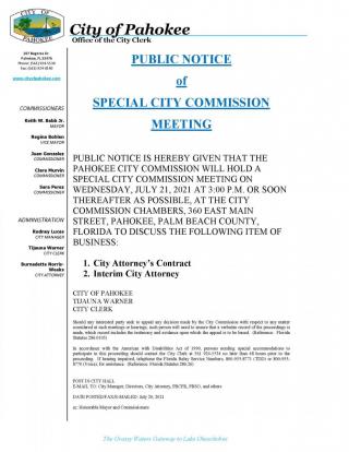 Special City Commission Meeting - Wednesday, 21st July  2021  at 3:00pm