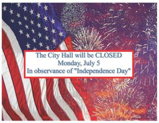 City Hall Closed Monday, 5th July 2021 in Observance of 'INDEPENDENCE DAY'