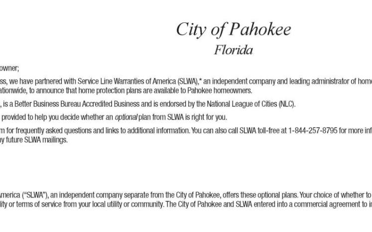 Notice: THE CITY OF PAHOKEE IS OFFICIALLY PARTNERED WITH SERVICE LINE WARRANTIES OF AMERICA (SLWA)!